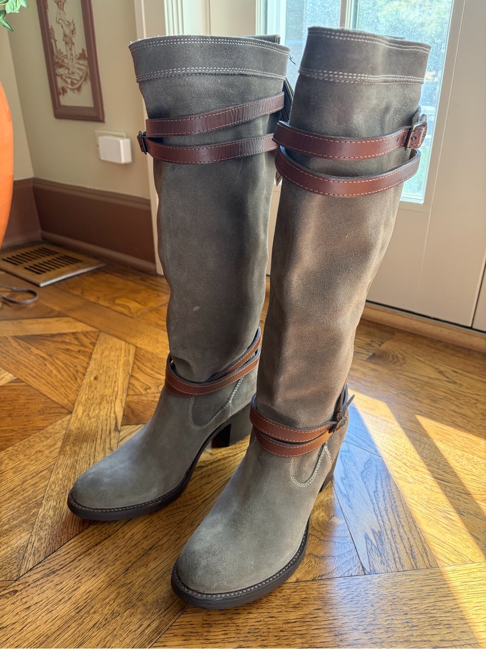 Frye Gray Suede Tall Boots with Brown Leather Straps